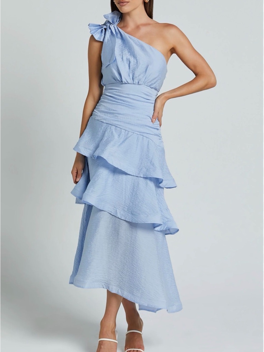 Showpo Pale Blue One-Shoulder Ruffle Tiered Midi Dress
